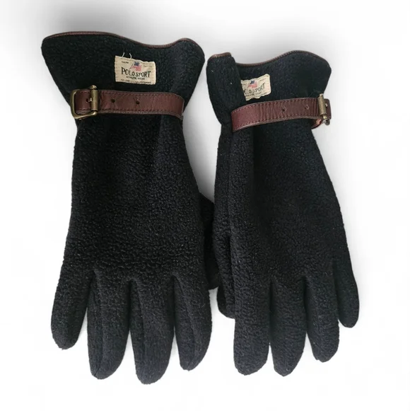 Vintage Polo Sport Ralph Lauren Fleece Gloves Leather Buckle Black Y2K