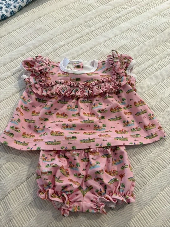 NWOT Pink Ruffled Baby Two-Piece Set with Western Print