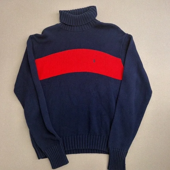 Polo Ralph Lauren Mens XL Turtleneck Sweater Navy Blue Red Stripe Cotton Knit