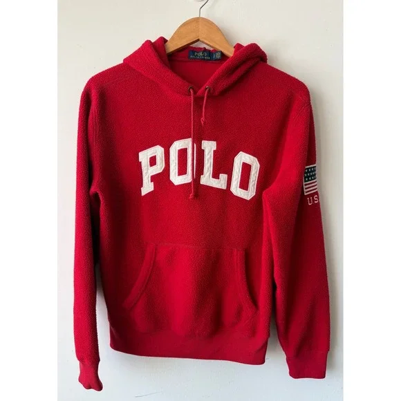 Polo Ralph Lauren Red Fleece Hoodie USA Flag Patch Sweatshirt Small