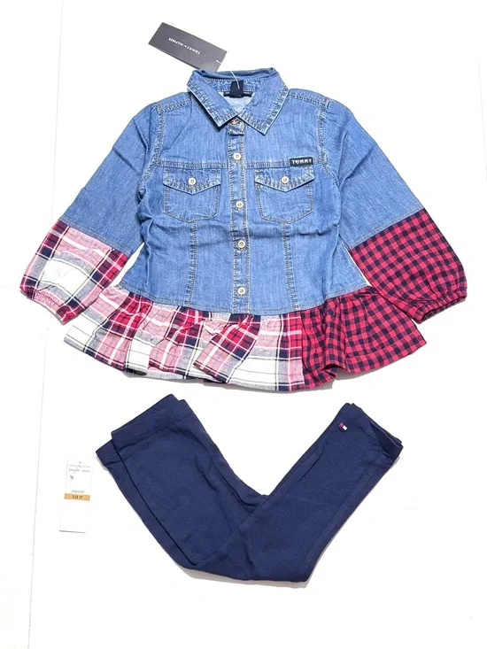 NEW Tommy Hilfiger Girls' Denim & Plaid Peplum Jacket Navy Blue Leggings Set 3T