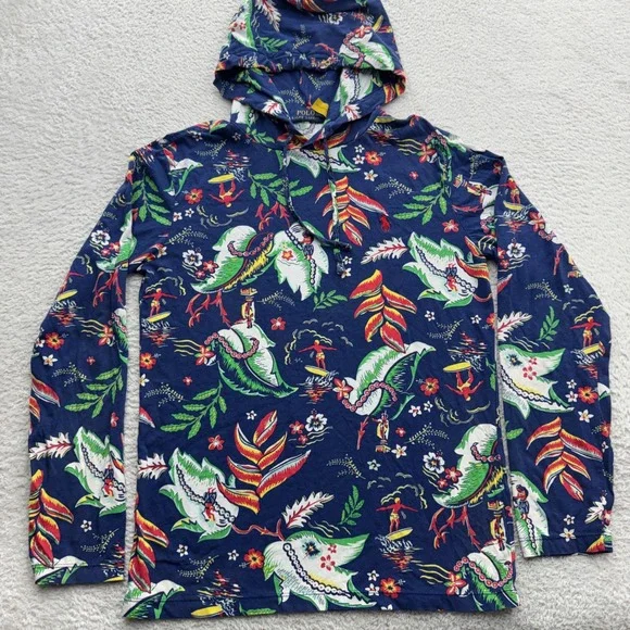 Polo Ralph Lauren Mene XS Navy Hawaiian Tropical Surf Print Hooded Long Slv
