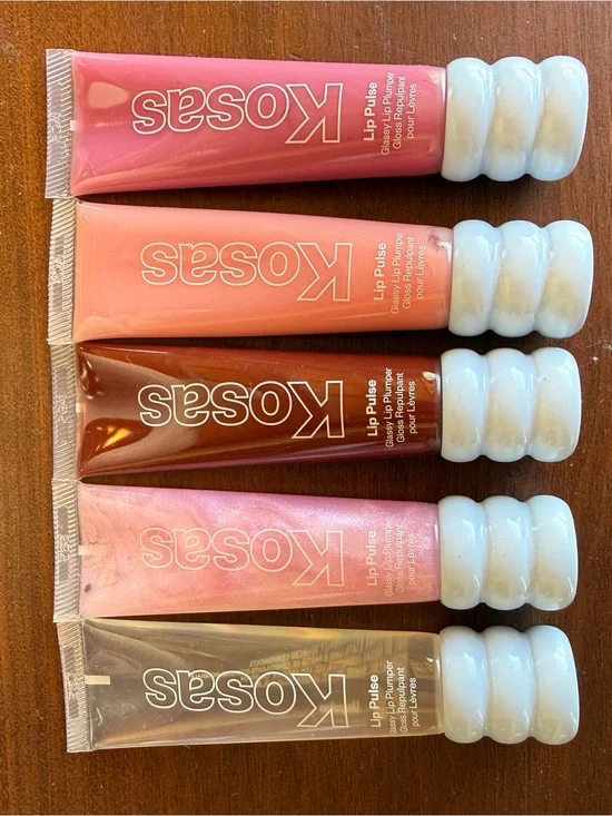 New! Kosas Lip Pulse Gloss Set — Pink, Peach, Brown, Shimmer & Clear
