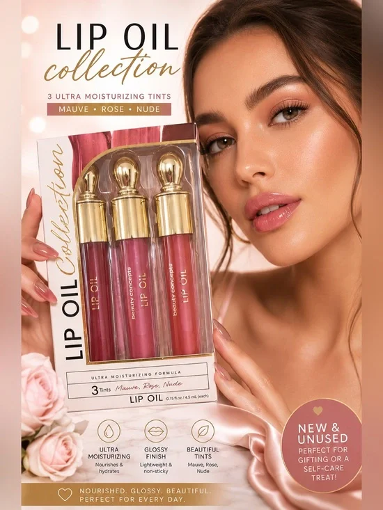 Roxy Lip Oil Trio — Mauve, Rose, Nude