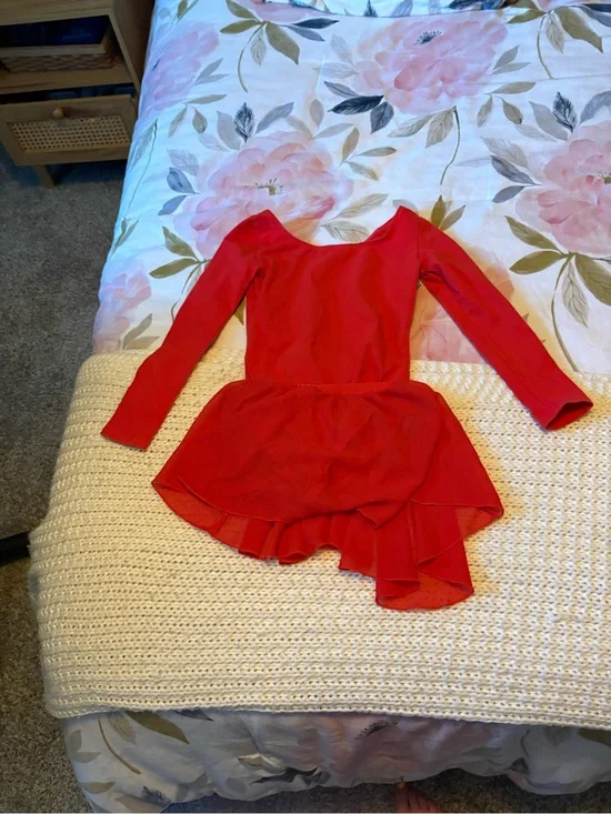Girls' Red Long-Sleeve Dance leotard with  Skirt