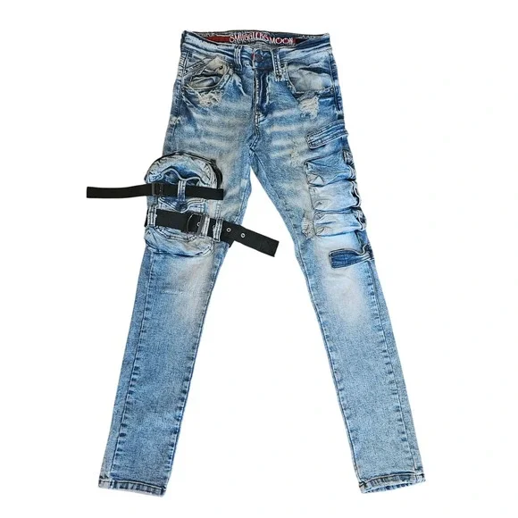 Smugglers Moon Mens Tactical Distressed Cargo Denim Jeans Acid Wash Blue W28 L31