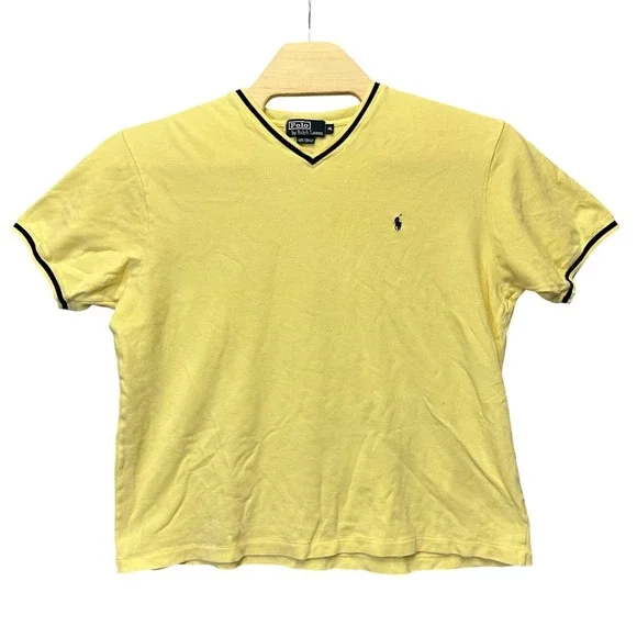 Polo Ralph Lauren Mens XL Yellow Pique V-Neck T-Shirt Navy Stripe Trim Cotton