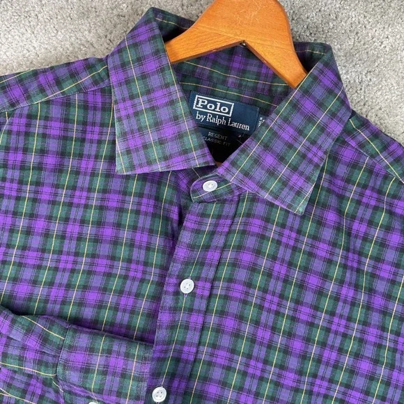 Polo Ralph Lauren Button Down Mens XL Purple Green Plaid Fair Regent Classic Fit