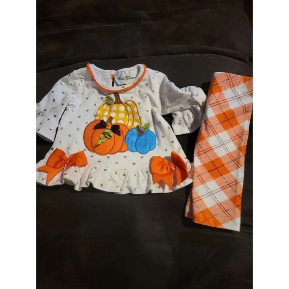 Rare editions fall pumpkin Halloween bow plaid outfit size 6 months