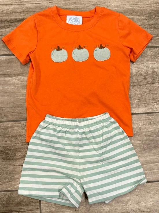 Antlers & Acorns Orange Pumpkin Tee & Mint Stripe Shorts Set Sz 4