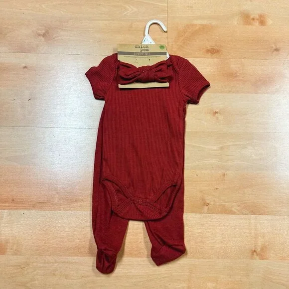 NWT Chick Pea Maroon 3-Piece Bodysuit Legging & Headband Outfit Set 6-9M