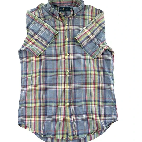 Ralph Lauren Button Down Short Sleeve Blue‎ Yellow Red Plaid Sz Medium M