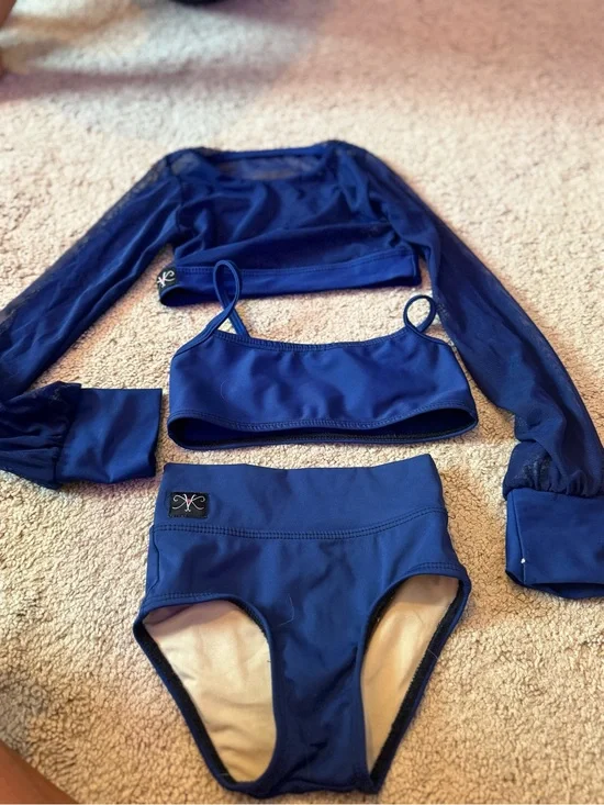 Kandi Kouture Deep Blue Three-Piece Dance Set with Mesh Long Sleeve Crop