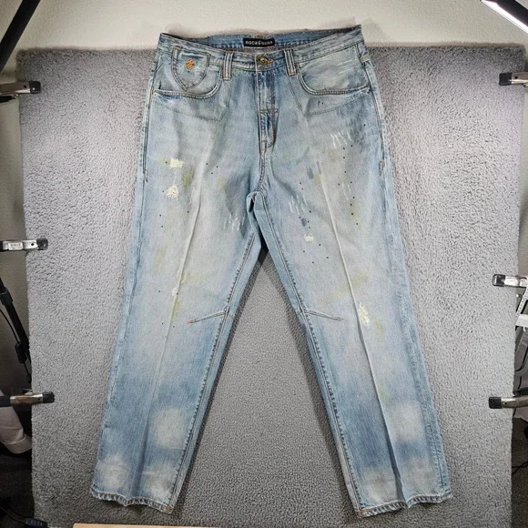 Rocawear Mens Light‎ Wash Distressed Paint Splatter Denim Jeans Size 38x34 Y2K