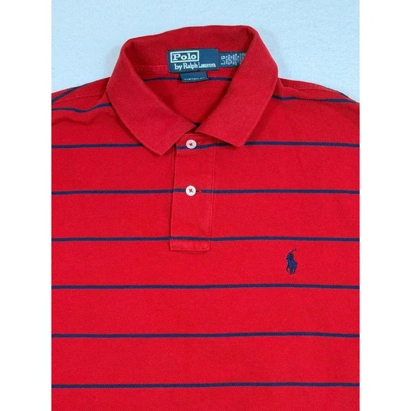 Polo Ralph‎ Lauren Mens Large Red Navy Blue Striped Custom Fit Pique Polo Shirt