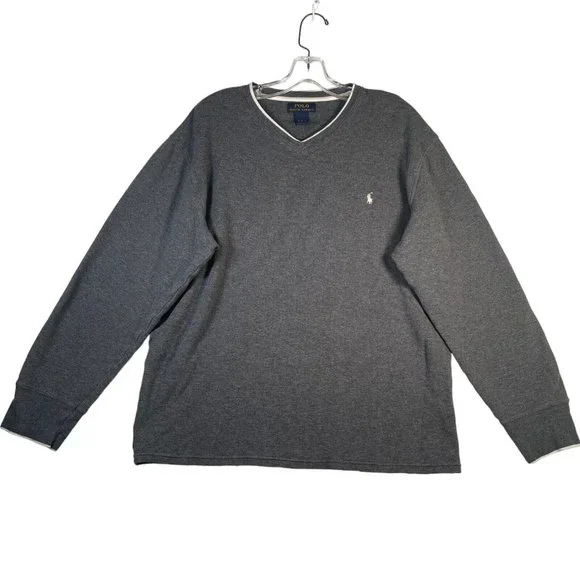 Polo‎ Ralph Lauren Mens Thermal Shirt 2XL Gray V Neck Long Sleeve Pullover Logo