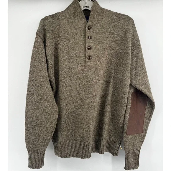 VTG POLO Ralph Lauren 100% Wool Shawl Collar Sweater Men's M Brown Elbow Patches