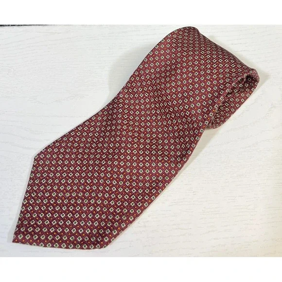 Polo Ralph‎ Lauren Necktie Silk Handmade Geometric Pattern Burgundy