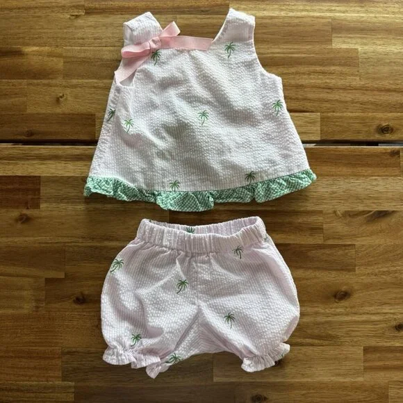 Funtasia Too Pink & White‎ Baby Girls Set Seersucker Size 6 Month Palm Print Bow