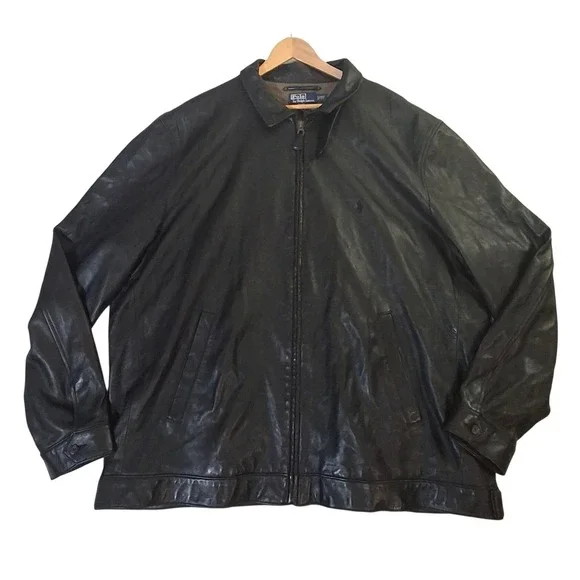 Vintage 90s Polo Ralph Lauren Black Leather Jacket Men's 3XLT Full Zip Lined