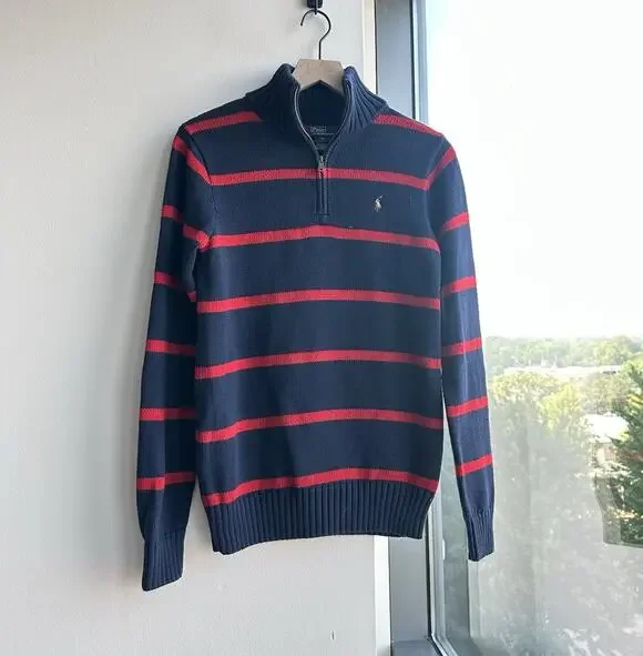 Polo Ralph Lauren Navy Red Striped Tight-Knit Mock Neck 1/4 Zip Sweater XL