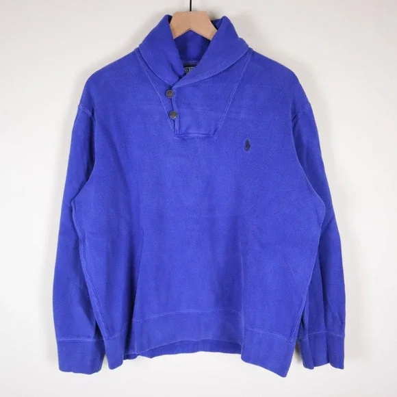 Vintage Polo Ralph Lauren Shawl Neck Sweater Blue 100% Cotton Men's Large‎ 24x25
