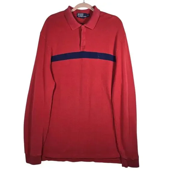 Polo Ralph Lauren Shirt‎ Mens 2XL Salmon Red Snap Pullover Rugby Stripe Classic