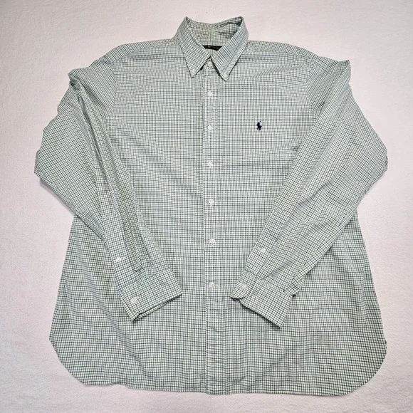Ralph Lauren Mens Shirt 17.5‎ Green Blue  Checked Button Down Pony Long Sleeve