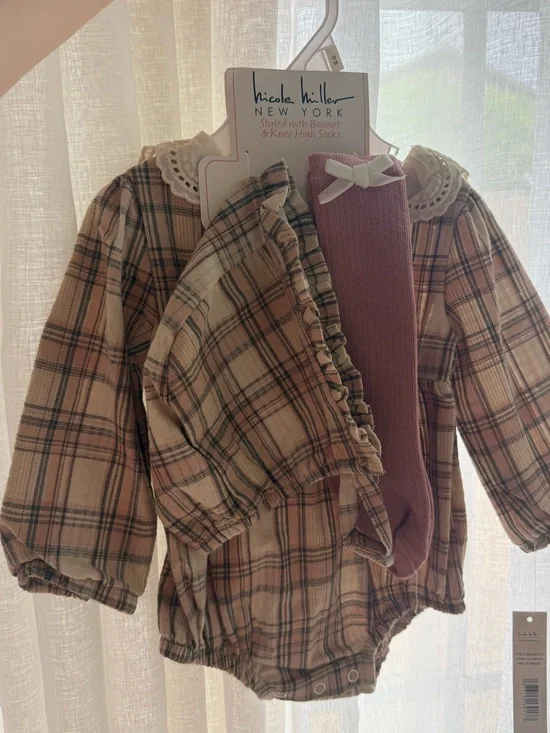 Nicole Miller New York Plaid Baby Romper with Knee High Socks - Pink/Tan
