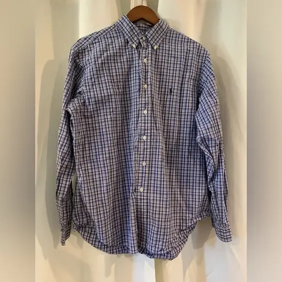 Polo Ralph Lauren Long Sleeve Button Shirt Men's Large‎ Classic Fit Blue Plaid