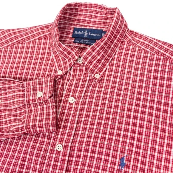 VTG Polo Ralph Lauren 90s Blake Two Ply Cotton Mens L Red White Plaid Shirt