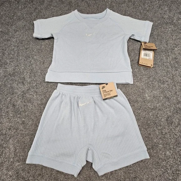 Nike Unisex 2-Piece Set Ribbed T-Shirt and Shorts Organic Cotton Blue 24M‎