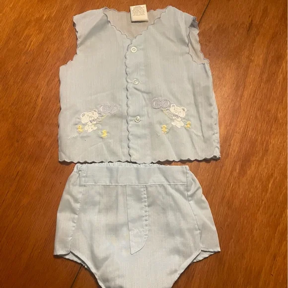 Vintage Light Blue Embroidered Teddy Bear Vest and Diaper Cover Set‎ 3-6 Months