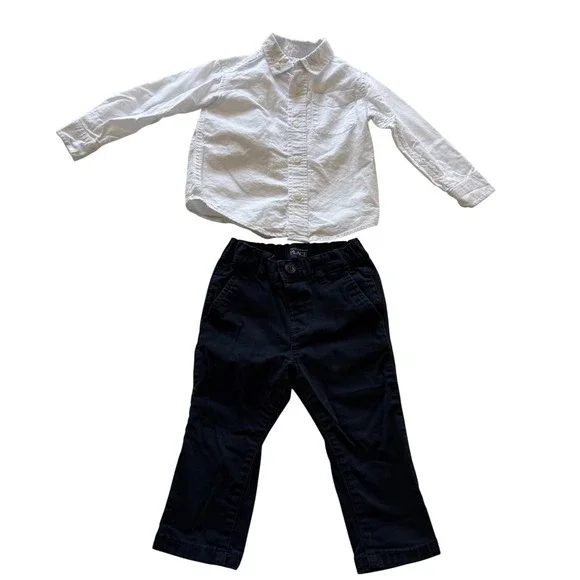 The Childrens‎ Place Boys White Button Down Shirt Navy Pants Set 18 24 Months