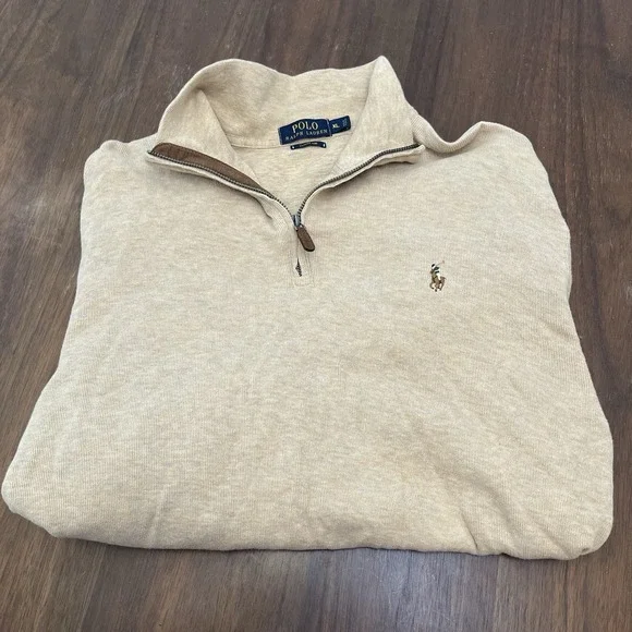 Polo Ralph Lauren Sweater Men's XL Beige Estate Rib Quarter 1/4 Zip Tight Knit