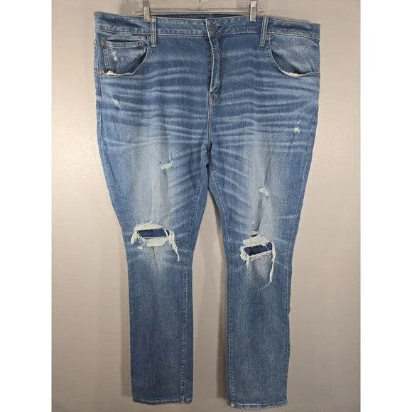 American Eagle Mens Skinny Jeans 46x32 Blue Distressed whiskered Cozy AirFlex BN
