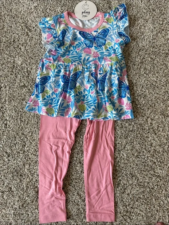 Girls Pink Leggings with Blue Butterfly Peplum Bamboo Set