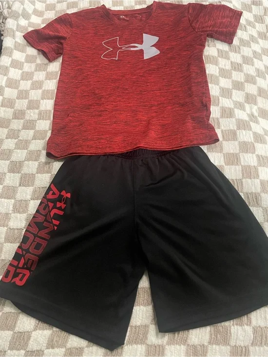 Under Armour Red Heather Tee with Black Athletic Shorts