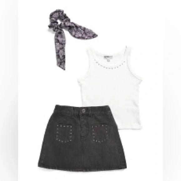 kensie girl 3 piece set w/ ribbed top, denim skirt & matching scrunchie
