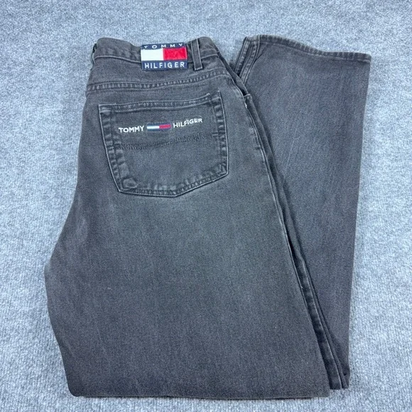 Tommy Hilfiger Vintage Mens Jeans Faded Black Straight Leg Flag Logo Denim 36x34