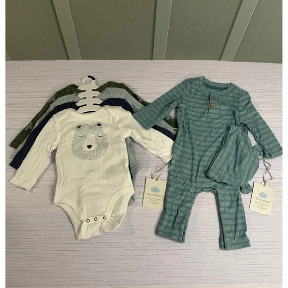 Cloud Island Baby Boy 0-3M Romper Hat Set & 4-Pack Long Sleeve Bodysuits Bear