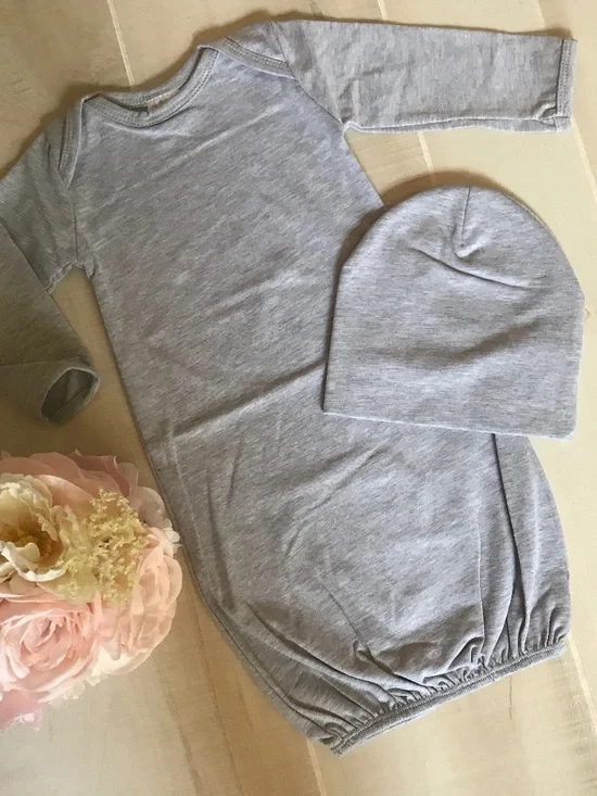 Newborn blank Gown and Hat set by Posh Baby Blooms in Heather gray.