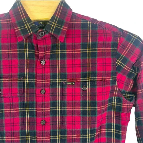 Polo Ralph Lauren Mens Medium Red Black Tartan Oxford Sport Shirt Cotton Pocket