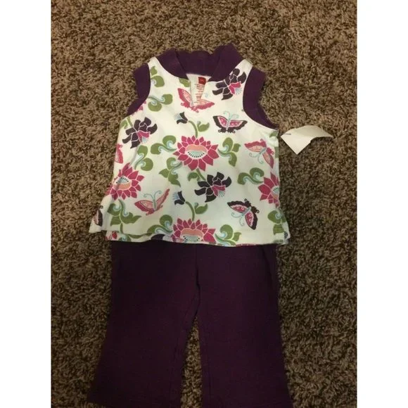 Tea Collection White Purple Floral Print Cotton Top 3-6 Months With Leggings