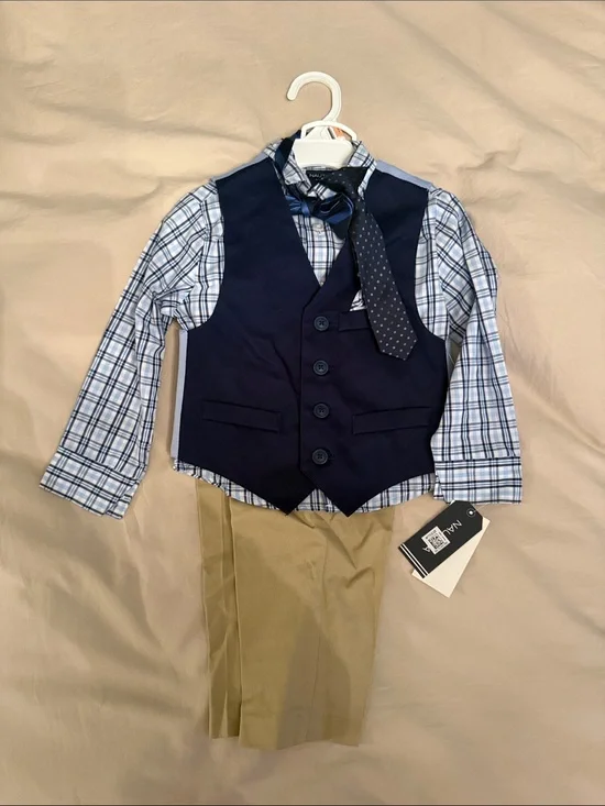 Nautica Navy Vest & Blue Plaid Shirt with Khaki Pants and Polka Dot Tie