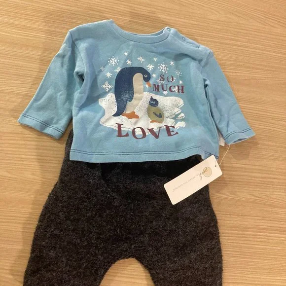 Peek Penguin Outfit Light Blue Shirt Fuzzy Black Pants NWT So Much Love