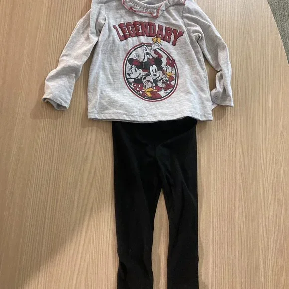 Disney Classic Mickey and Friends Set Gray Long Sleeve Top Black Pants 12 Months