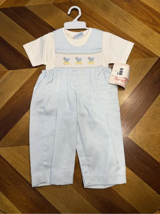 House of Hatten Vintage Blue Gingham Matching Set with Embroidered Lambs 0-3 mos