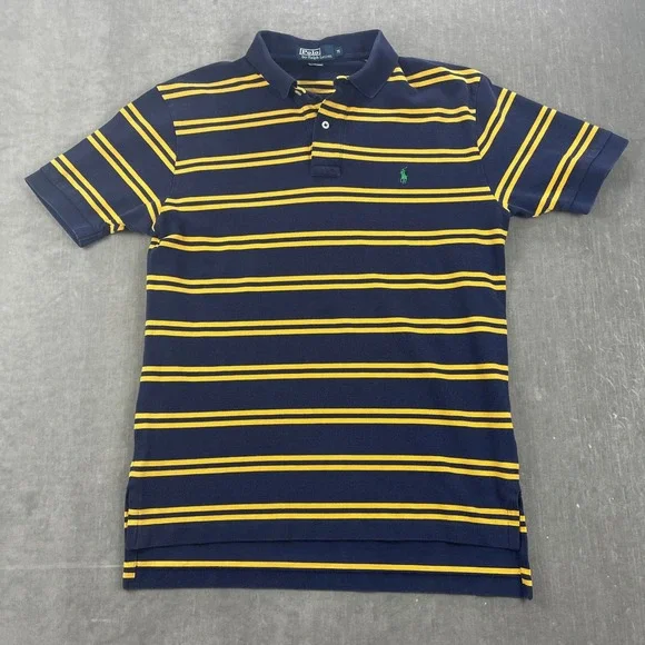 Polo Ralph Lauren Mens M Navy Yellow Striped Short Sleeve Pique‎ Polo Shirt