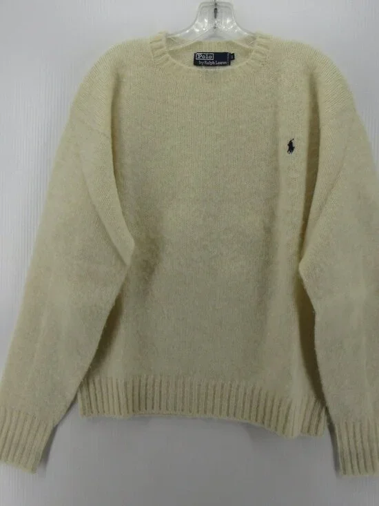 VINTAGE Polo Ralph Lauren Sweater 44 Cream Wool Fuzzy Knit Pony Large